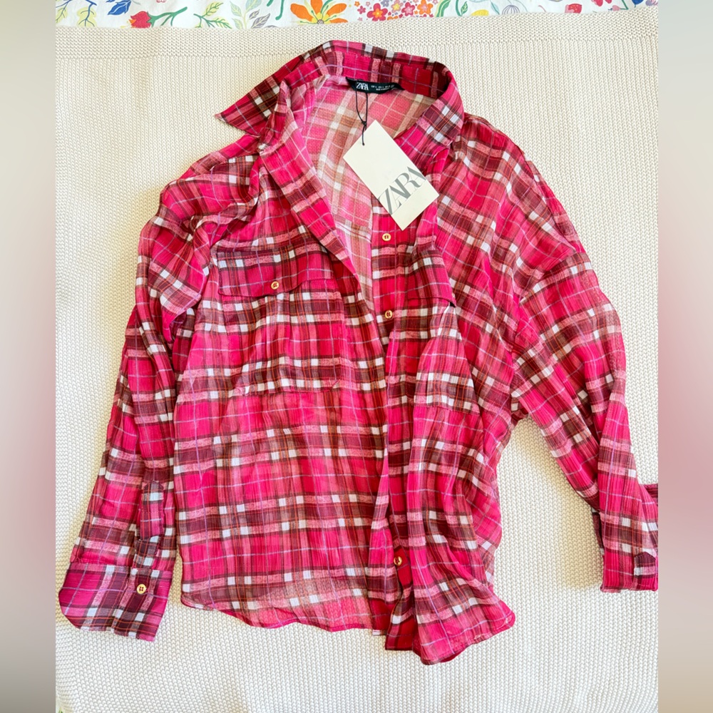 Zara Pink and White Plaid Shirt